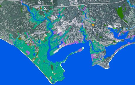 Clinton Harbor area marshes in 2100. The eastern areas of the marsh are drowning, resulting in marshes changing to mudflats.
