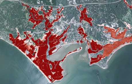 The SLAMM model shows the likelihood of where coastal marsh will exist in Clinton Harbor (Hammonasset Beach State Park) in 2100. Red areas are more likely.