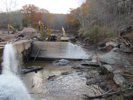 A restored stream bed (formerly hosting a dam and paper mill) that now serves a transit habit for fish migration. 