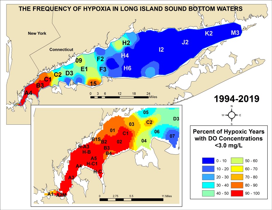 This is a map that shows the frequency of hypoxia from 1994-2019. The frequency is highest in the western Sound.