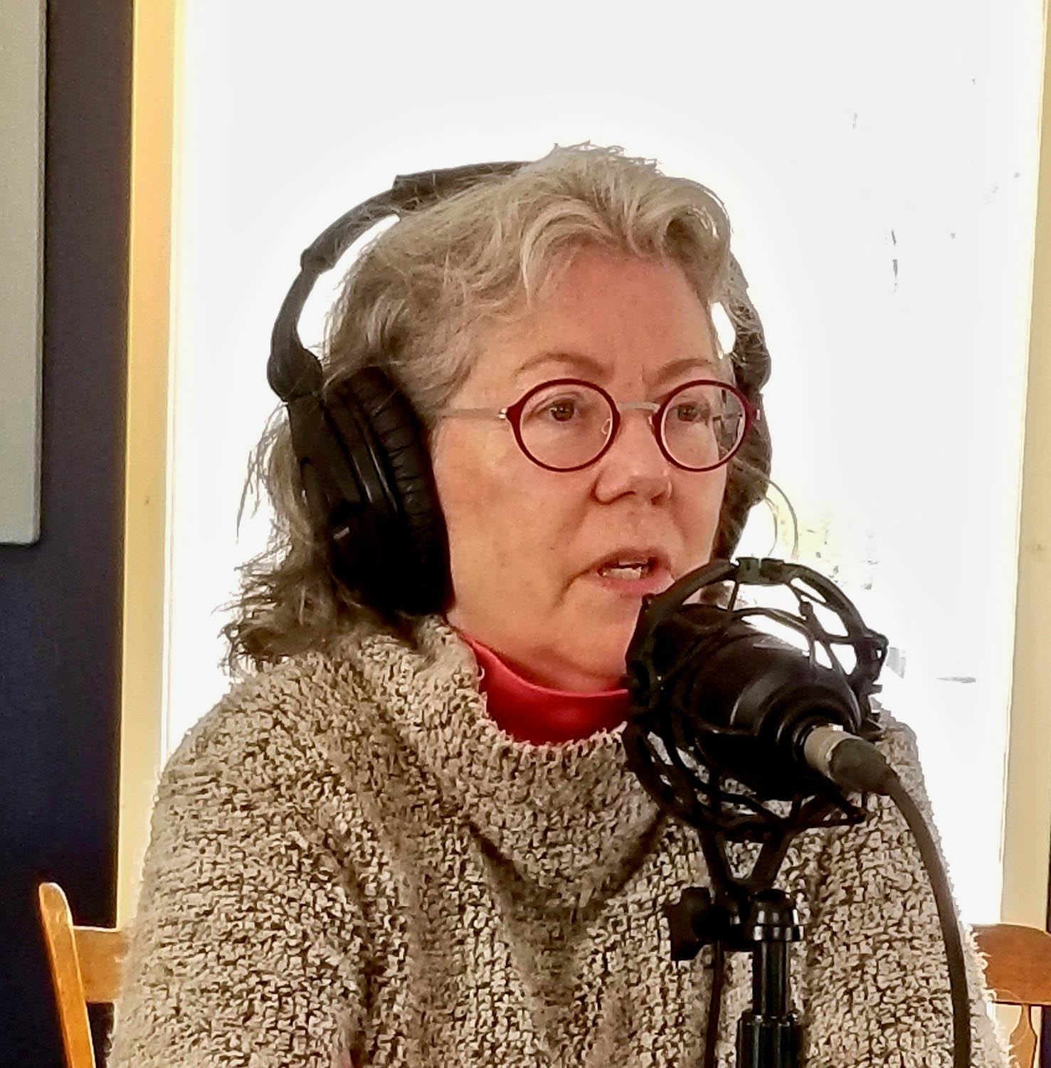 Judy Preston, the Long Island Sound Study Outreach Coordinator, is talking into a microphone at the iCRV internet radio station.