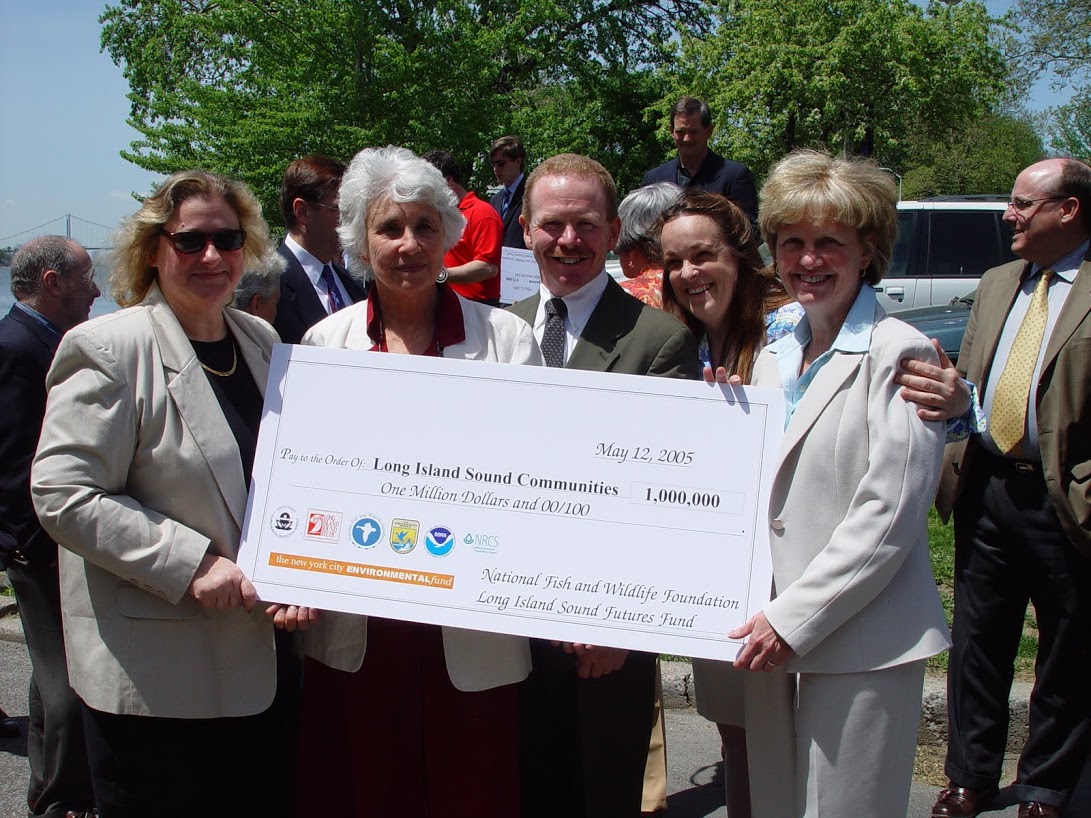 Recipients of the first Long Island Sound Futures Grant awards in 2005 pose with a ceremonial $1 million check.