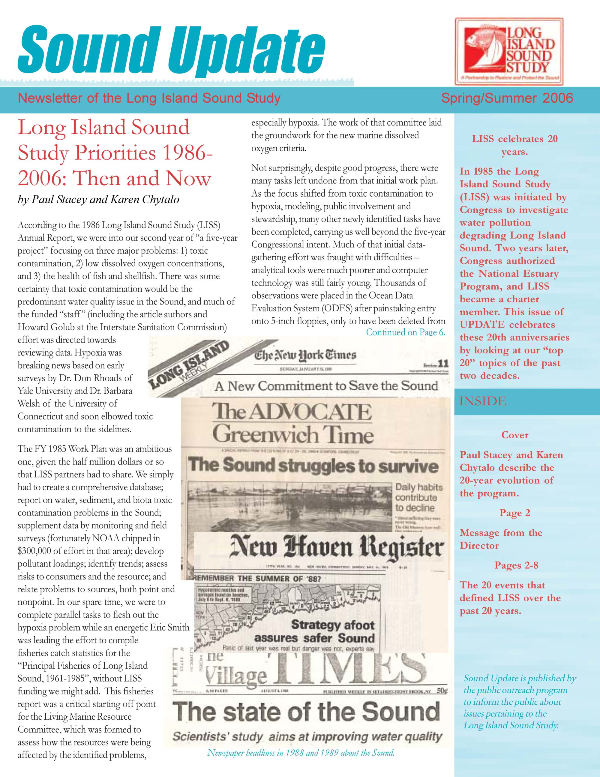 A special edition of the Sound Update from 2000s, an older version of the Long Island Sound Study newsletter, celebrates the 20th anniversary of the Long Island Sound Study by featuring clippings from old newsletters. 