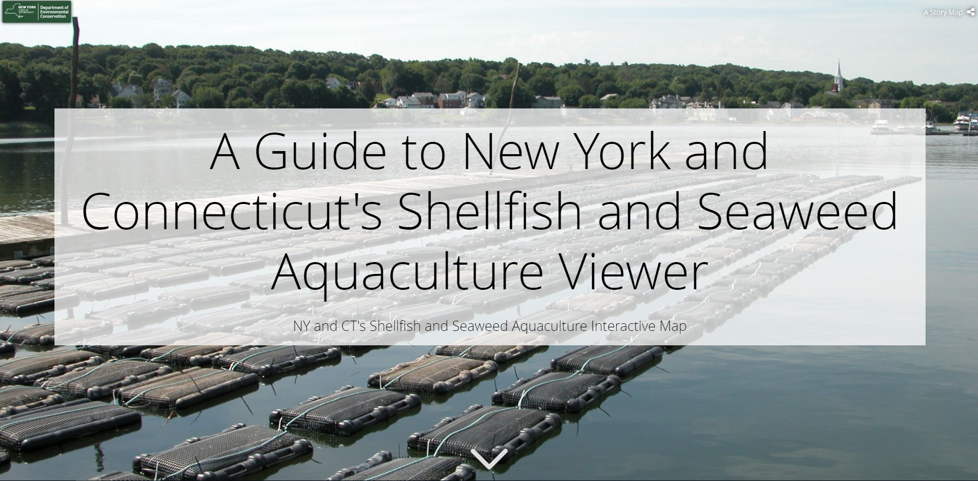 the photo includes a title for the guide to the New York and Connecticut viewer and a photo of a aquaculture farm.