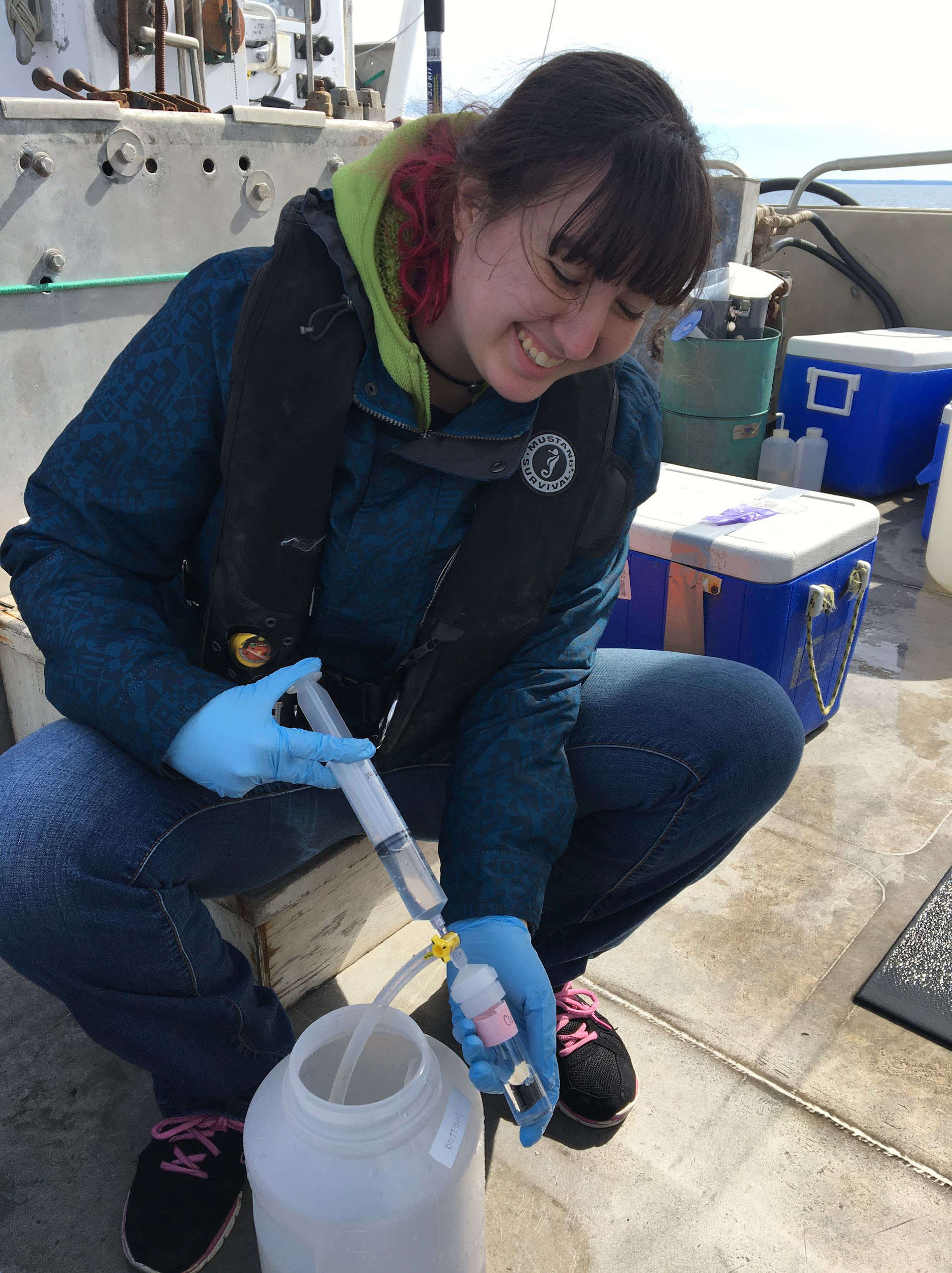 (Now Dr.) Allison Staniec filters seawater for dissolved organic carbon analysis.