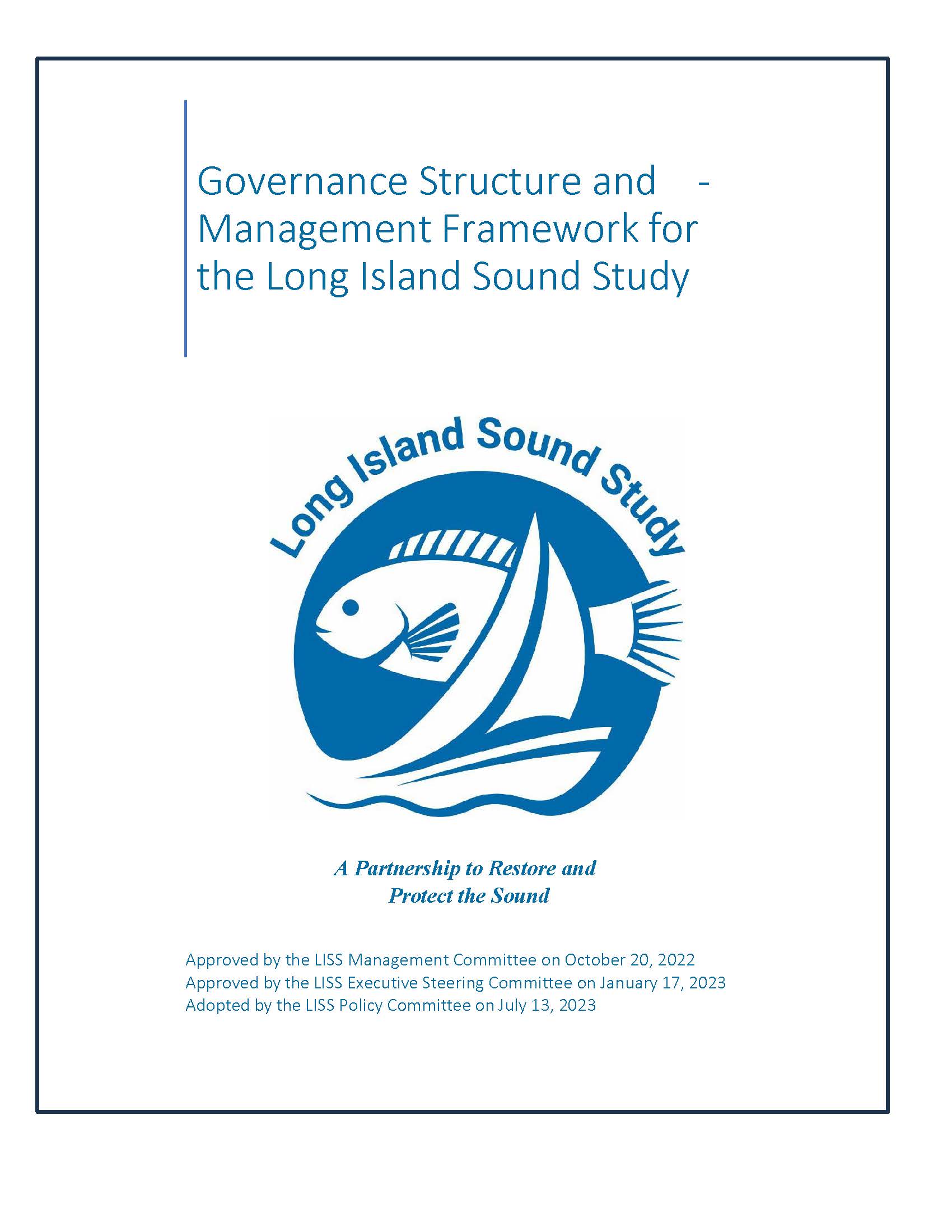 This image is the cover for the document titled: "Governance Structure and Management Framework for the Long Island Sound Study."