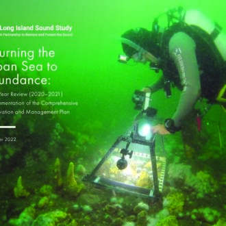 The image of a diver exploring the Long Island Sound seafloor is the cover image for the report Returning the Urban Sea to Abundance, a report reviewing implementation of the Comprehensive Conservation and Management Plan for 2020-2021