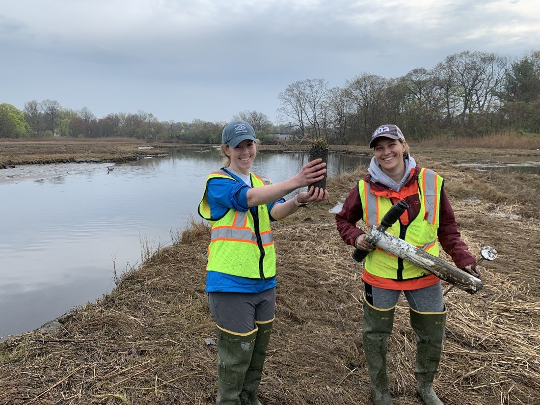 Crosby and Spiller collecting biomass samples at the Oyster River research site in Milford, CT. 