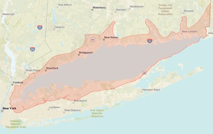A map showing the Long Island Sound coastal boundary