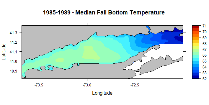 animinated map with different time periods from 1985-2017 map that shows fall median bottom water temperatures (in degrees Farhenheit) increasing over time in the Long Island Sound. These maps were created using data from the Finite Volume Community Ocean Model (FVCOM).
