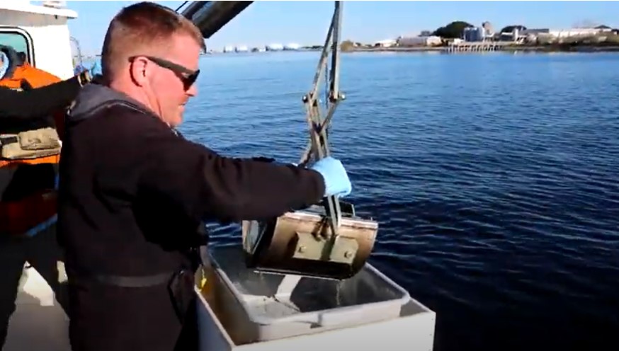 Van Veen sediment grabber used for sediment collection. Image from a video courtesy of EPA.
