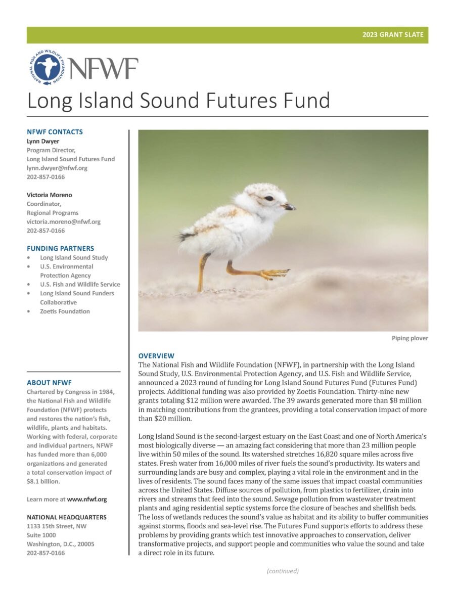 This image is the cover page of the 2023 Long Island Sound Futures Fund grant slate.