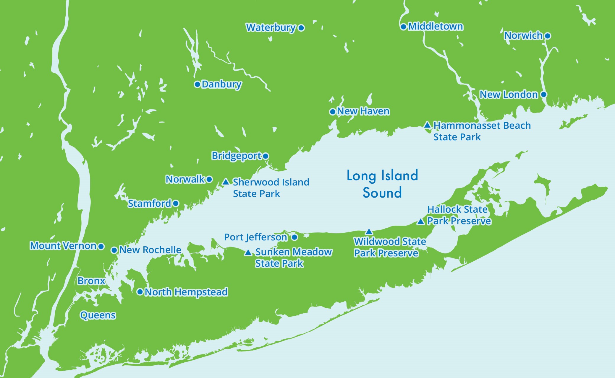 A map of Long Island Sound showing selective towns in Connecticut and New York and selected state parks along the coast in Connecticut and New York. Map by Lucy Reading-Ikkanda