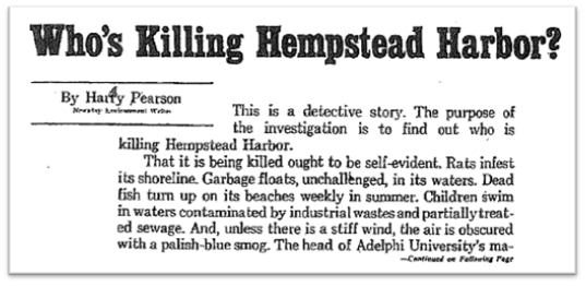 A newspaper clipping with the headline " Who's Killing Hempstead Harbor?".