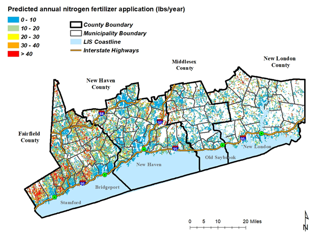 Map shows that application rates of fertilizer in Connecticut is highest in the southwestern portion of the state closest to New York. See the bottom of the article for a detailed table of Connecticut application rates. The research team is still compiling comprehensive data on fertilizer predictions for New York. Image courtesy of Dr. Rob Johnston.