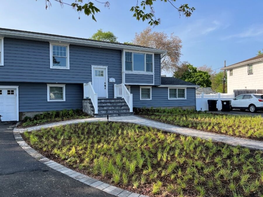 A blue house and a front yard filled with native grasses.