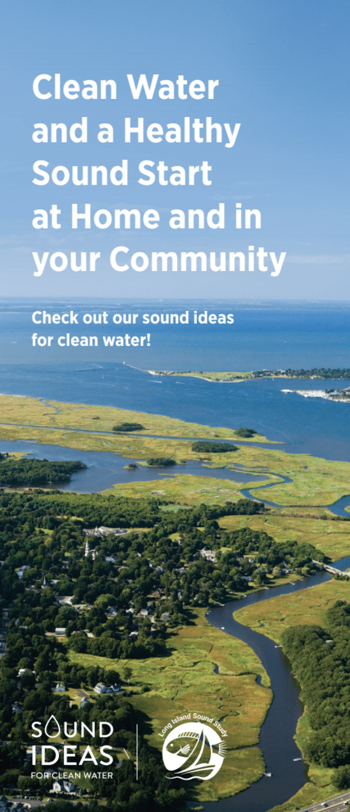 An aerial landscape photo of a CT waterway with white text overlayed. 